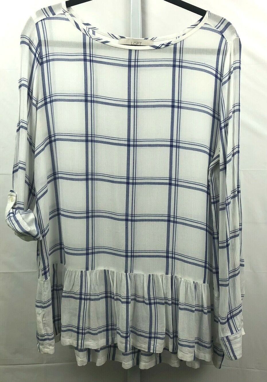 Ann Taylor Loft Blouse Woman M White Navy Plaid Ruffle Hem Roll Tab Long Sleeves